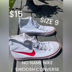 High-Top Sneakers - White with Red Swoosh